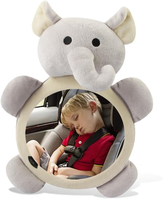 Rear Facing Baby Car Mirror, Plush Cute Wide View Vehicle Backseat Viewer, Shake-proof Baby in Sight Carseat Mirrors, Cartoon Animal Shatterproof Safety Observation Rearview Mirror (Elephant)