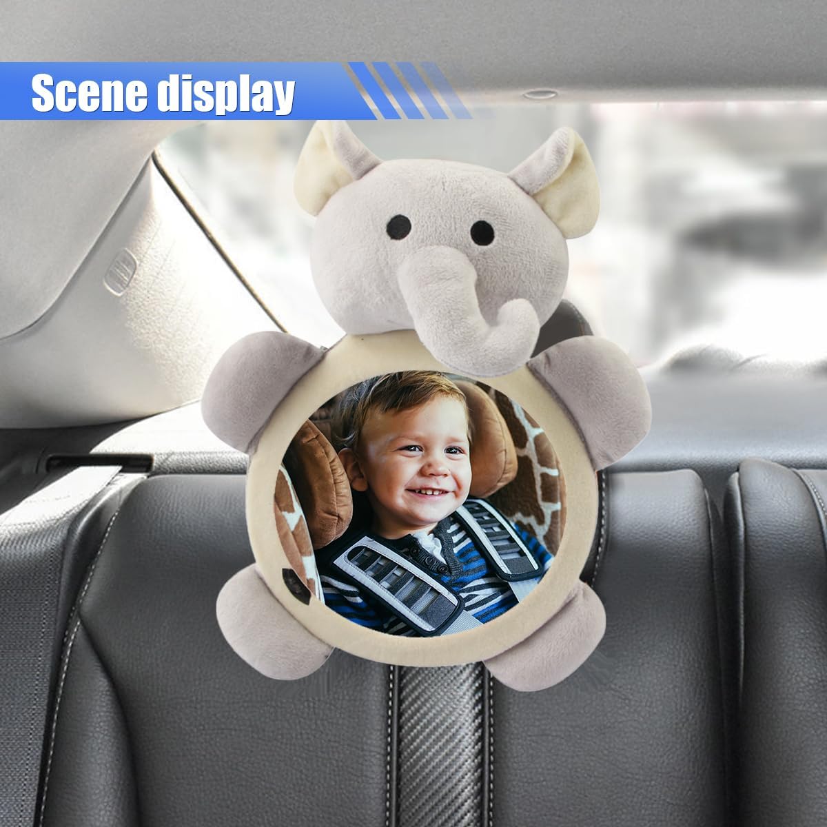 Rear Facing Baby Car Mirror, Plush Cute Wide View Vehicle Backseat Viewer, Shake-proof Baby in Sight Carseat Mirrors, Cartoon Animal Shatterproof Safety Observation Rearview Mirror (Elephant)