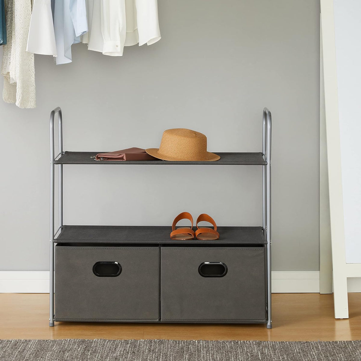 Freestanding Closet Organizer with Fabric Bins, Drawers and 3 Shelves, Easy to Assemble, Grey, 32.7" x 12.2" x 31"