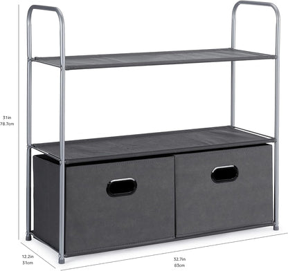 Freestanding Closet Organizer with Fabric Bins, Drawers and 3 Shelves, Easy to Assemble, Grey, 32.7" x 12.2" x 31"