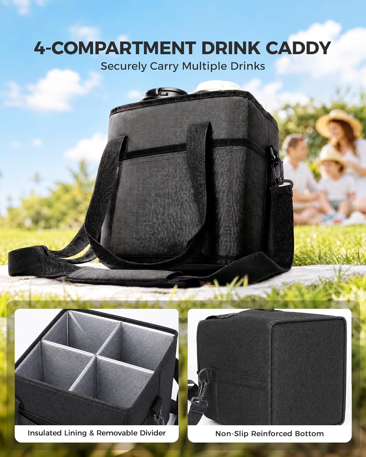 Drink Carrier Tote Bag, Family Size 4 Compartment Drink Bag | Adjustable Strap Nylon Caddy with Front Pocket, Insulated Water Bottle Holder with Strap for Car, Delivery, Family Outings
