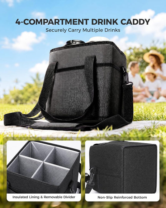 Drink Carrier Tote Bag, Family Size 4 Compartment Drink Bag | Adjustable Strap Nylon Caddy with Front Pocket, Insulated Water Bottle Holder with Strap for Car, Delivery, Family Outings