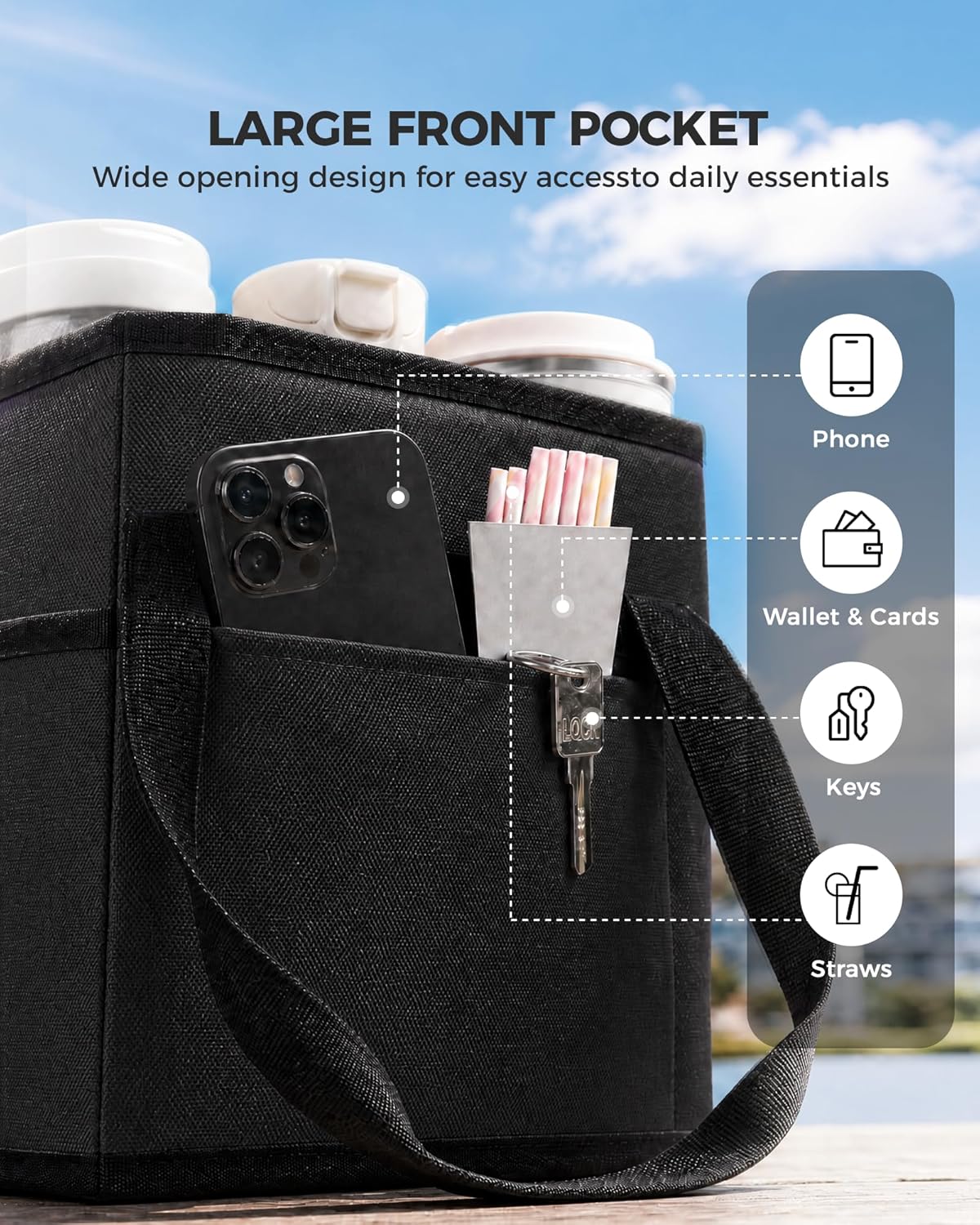 Drink Carrier Tote Bag, Family Size 4 Compartment Drink Bag | Adjustable Strap Nylon Caddy with Front Pocket, Insulated Water Bottle Holder with Strap for Car, Delivery, Family Outings