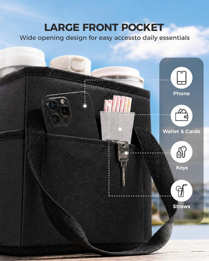 Drink Carrier Tote Bag, Family Size 4 Compartment Drink Bag | Adjustable Strap Nylon Caddy with Front Pocket, Insulated Water Bottle Holder with Strap for Car, Delivery, Family Outings