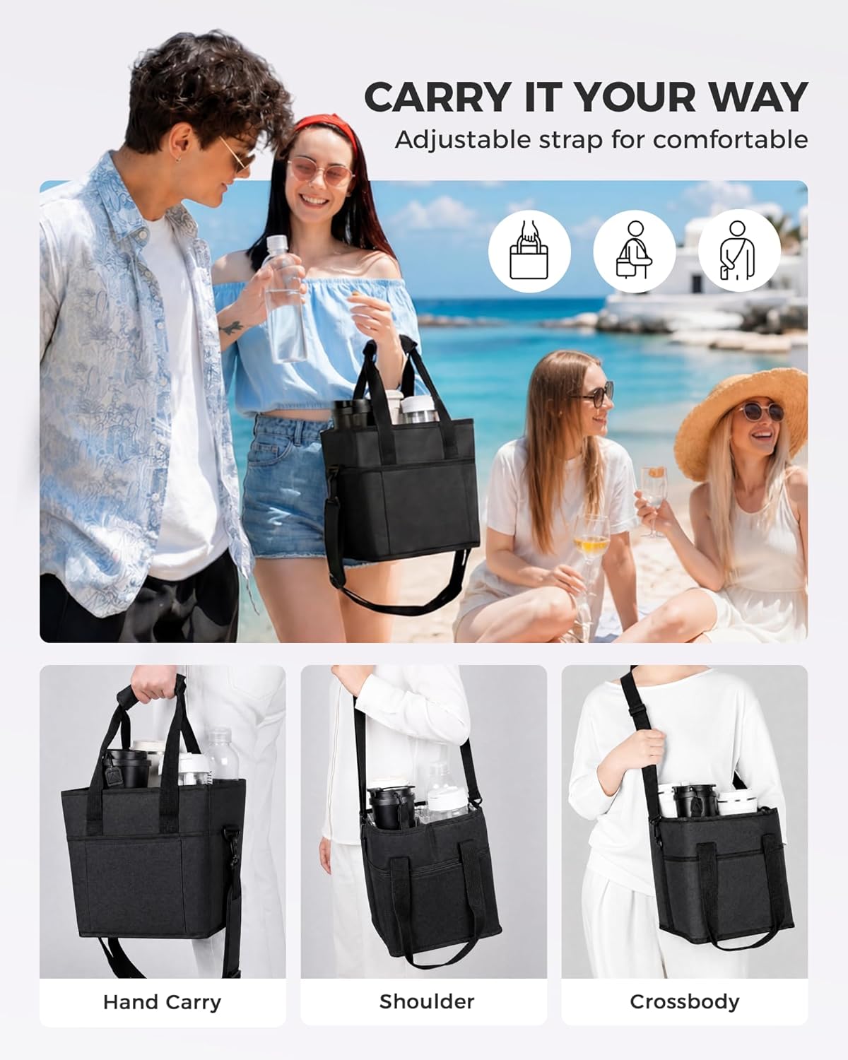 Drink Carrier Tote Bag, Family Size 4 Compartment Drink Bag | Adjustable Strap Nylon Caddy with Front Pocket, Insulated Water Bottle Holder with Strap for Car, Delivery, Family Outings