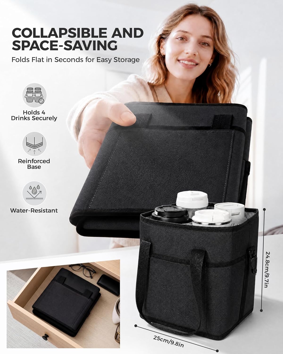 Drink Carrier Tote Bag, Family Size 4 Compartment Drink Bag | Adjustable Strap Nylon Caddy with Front Pocket, Insulated Water Bottle Holder with Strap for Car, Delivery, Family Outings