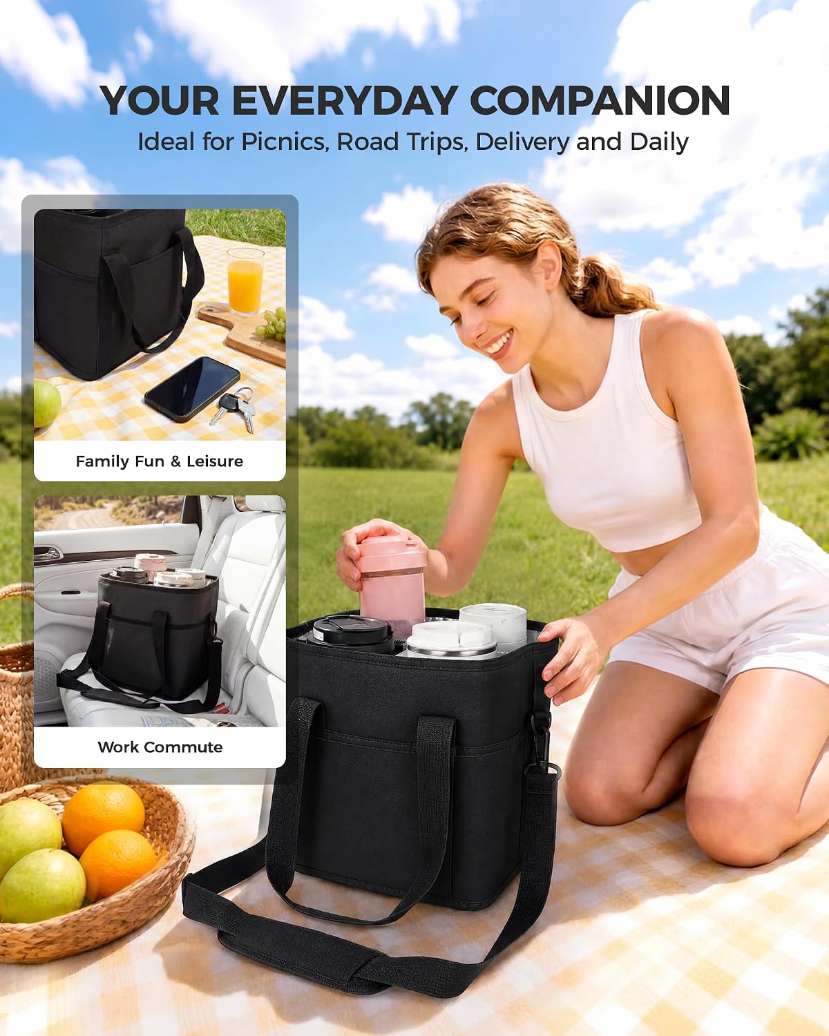Drink Carrier Tote Bag, Family Size 4 Compartment Drink Bag | Adjustable Strap Nylon Caddy with Front Pocket, Insulated Water Bottle Holder with Strap for Car, Delivery, Family Outings