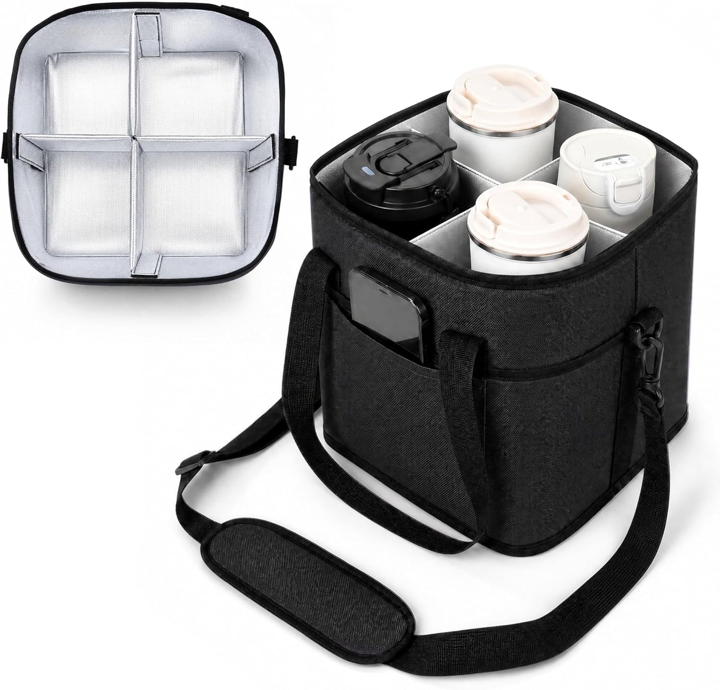 Drink Carrier Tote Bag, Family Size 4 Compartment Drink Bag | Adjustable Strap Nylon Caddy with Front Pocket, Insulated Water Bottle Holder with Strap for Car, Delivery, Family Outings