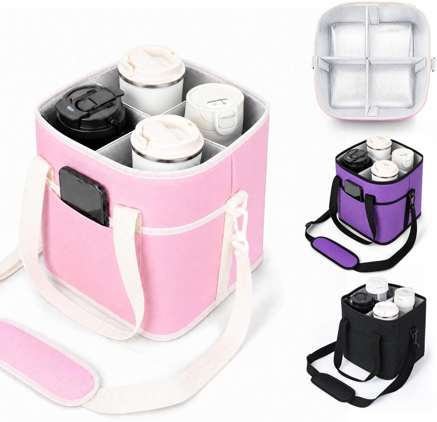 Drink Carrier Tote Bag, Family Size 4 Compartment Drink Bag | Adjustable Strap Nylon Caddy with Front Pocket, Insulated Water Bottle Holder with Strap for Car, Delivery, Family Outings