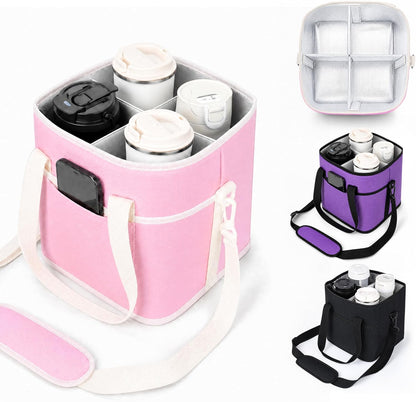 Drink Carrier Tote Bag, Family Size 4 Compartment Drink Bag | Adjustable Strap Nylon Caddy with Front Pocket, Insulated Water Bottle Holder with Strap for Car, Delivery, Family Outings