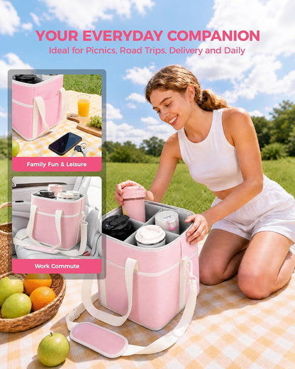 Drink Carrier Tote Bag, Family Size 4 Compartment Drink Bag | Adjustable Strap Nylon Caddy with Front Pocket, Insulated Water Bottle Holder with Strap for Car, Delivery, Family Outings