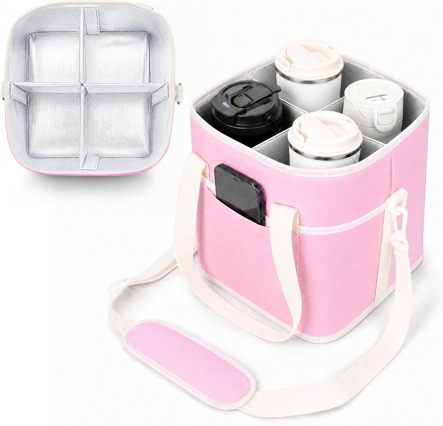 Drink Carrier Tote Bag, Family Size 4 Compartment Drink Bag | Adjustable Strap Nylon Caddy with Front Pocket, Insulated Water Bottle Holder with Strap for Car, Delivery, Family Outings