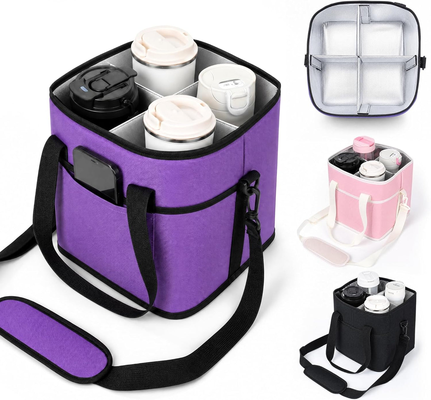 Drink Carrier Tote Bag, Family Size 4 Compartment Drink Bag | Adjustable Strap Nylon Caddy with Front Pocket, Insulated Water Bottle Holder with Strap for Car, Delivery, Family Outings