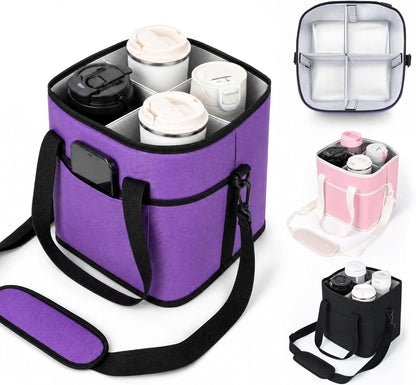 Drink Carrier Tote Bag, Family Size 4 Compartment Drink Bag | Adjustable Strap Nylon Caddy with Front Pocket, Insulated Water Bottle Holder with Strap for Car, Delivery, Family Outings