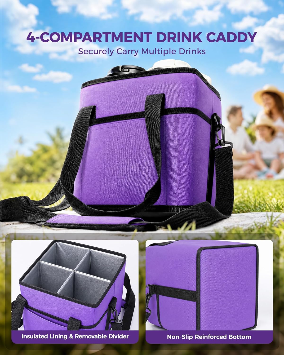 Drink Carrier Tote Bag, Family Size 4 Compartment Drink Bag | Adjustable Strap Nylon Caddy with Front Pocket, Insulated Water Bottle Holder with Strap for Car, Delivery, Family Outings