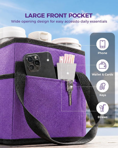 Drink Carrier Tote Bag, Family Size 4 Compartment Drink Bag | Adjustable Strap Nylon Caddy with Front Pocket, Insulated Water Bottle Holder with Strap for Car, Delivery, Family Outings