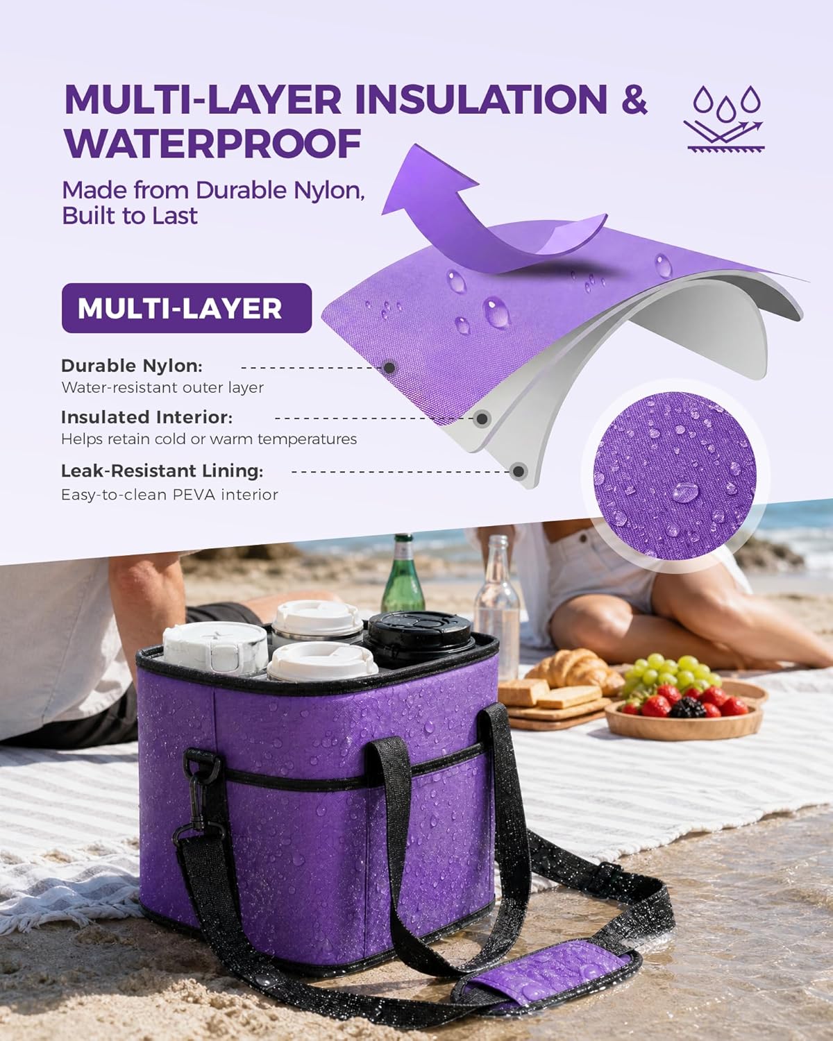 Drink Carrier Tote Bag, Family Size 4 Compartment Drink Bag | Adjustable Strap Nylon Caddy with Front Pocket, Insulated Water Bottle Holder with Strap for Car, Delivery, Family Outings