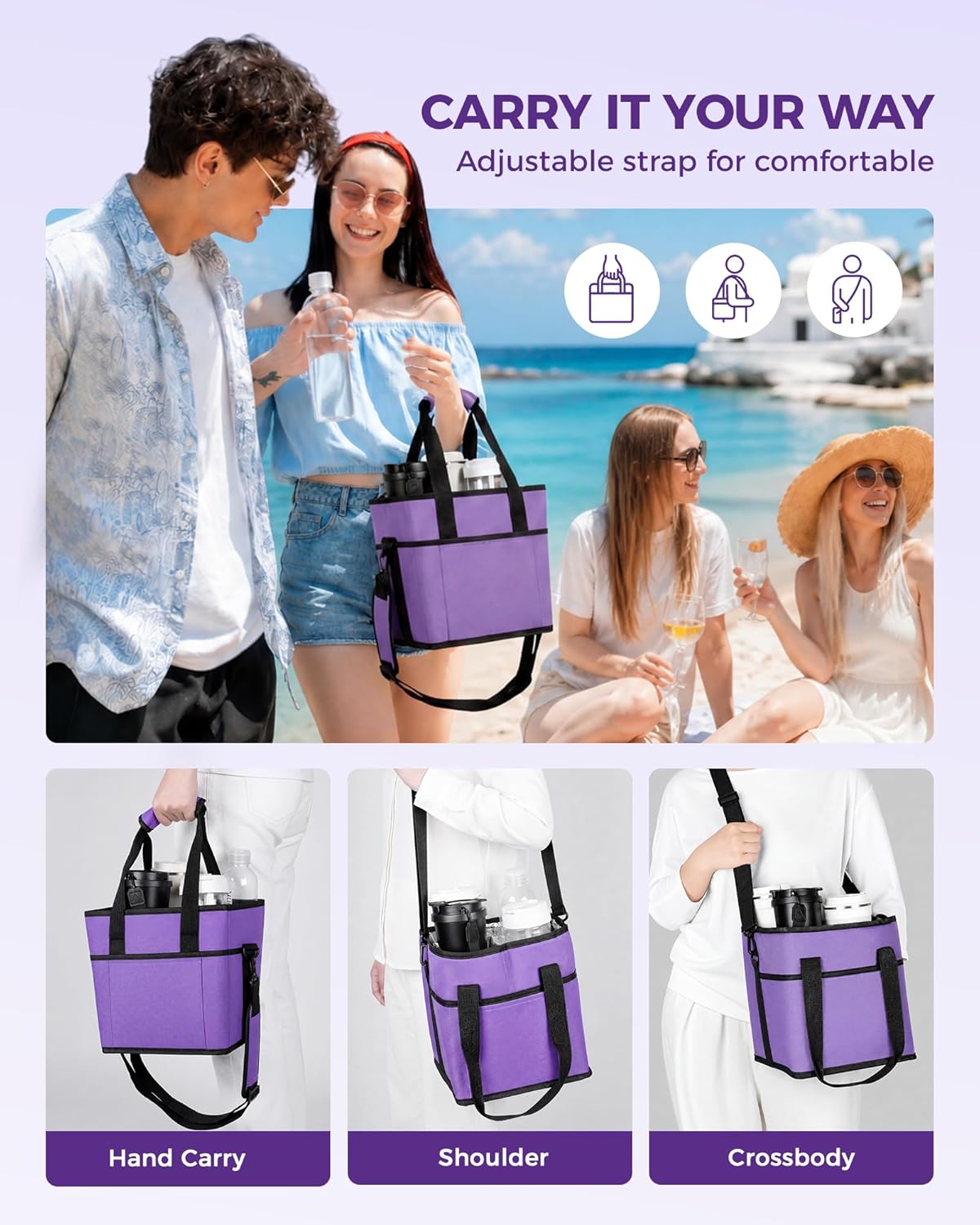 Drink Carrier Tote Bag, Family Size 4 Compartment Drink Bag | Adjustable Strap Nylon Caddy with Front Pocket, Insulated Water Bottle Holder with Strap for Car, Delivery, Family Outings