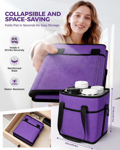 Drink Carrier Tote Bag, Family Size 4 Compartment Drink Bag | Adjustable Strap Nylon Caddy with Front Pocket, Insulated Water Bottle Holder with Strap for Car, Delivery, Family Outings