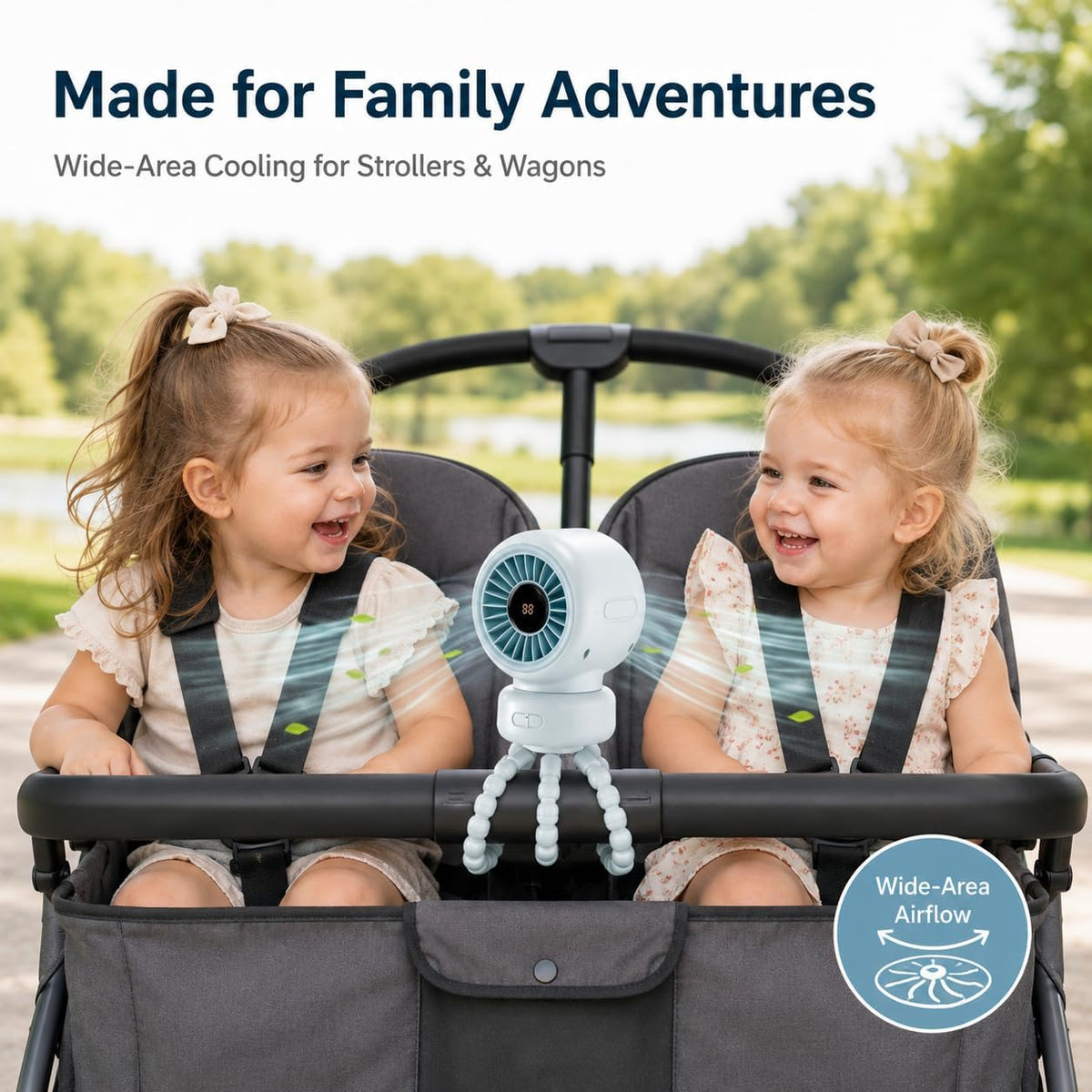 Portable Stroller Fan for Baby, 90° Oscillating Quiet Rechargeable Fan