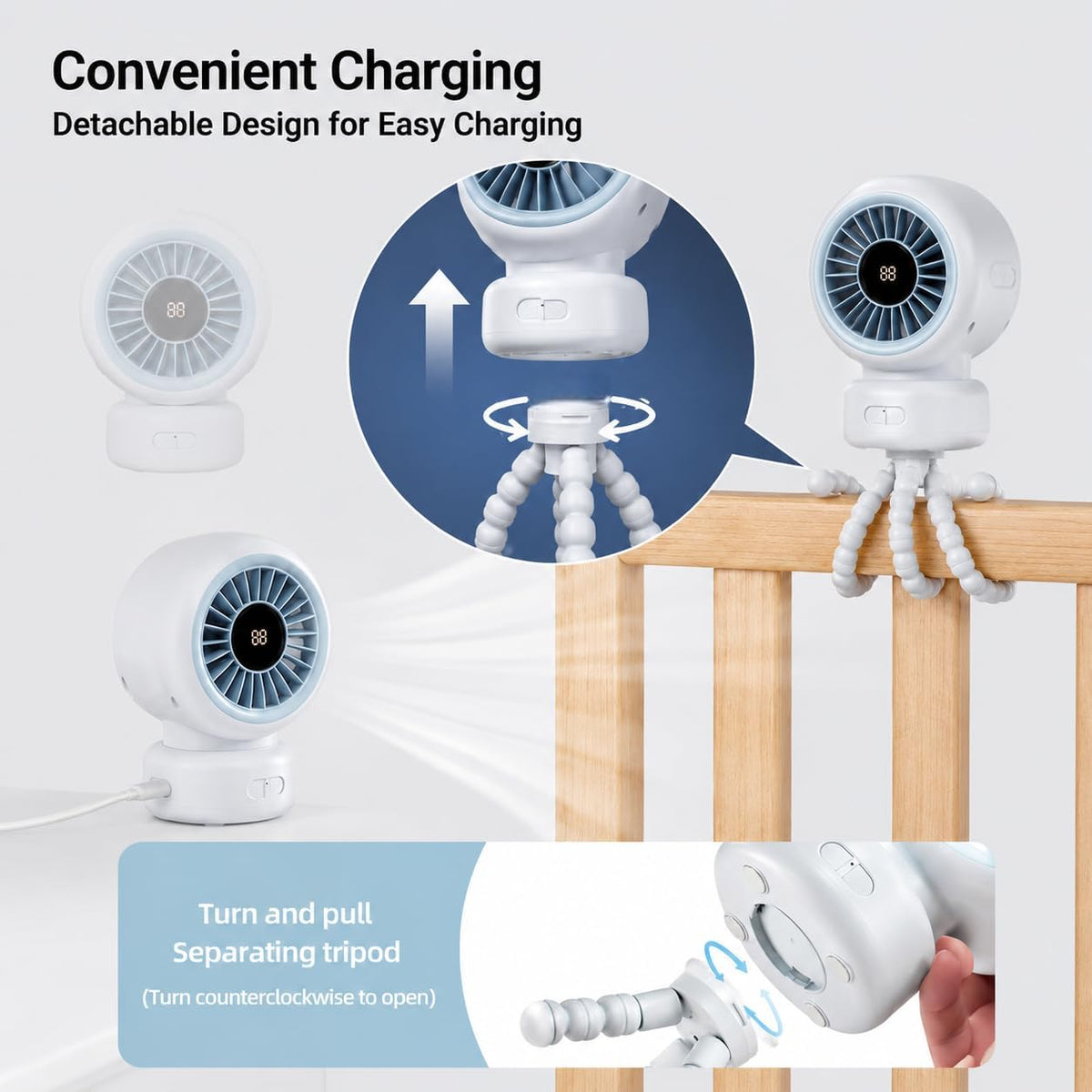 Portable Stroller Fan for Baby, 90° Oscillating Quiet Rechargeable Fan