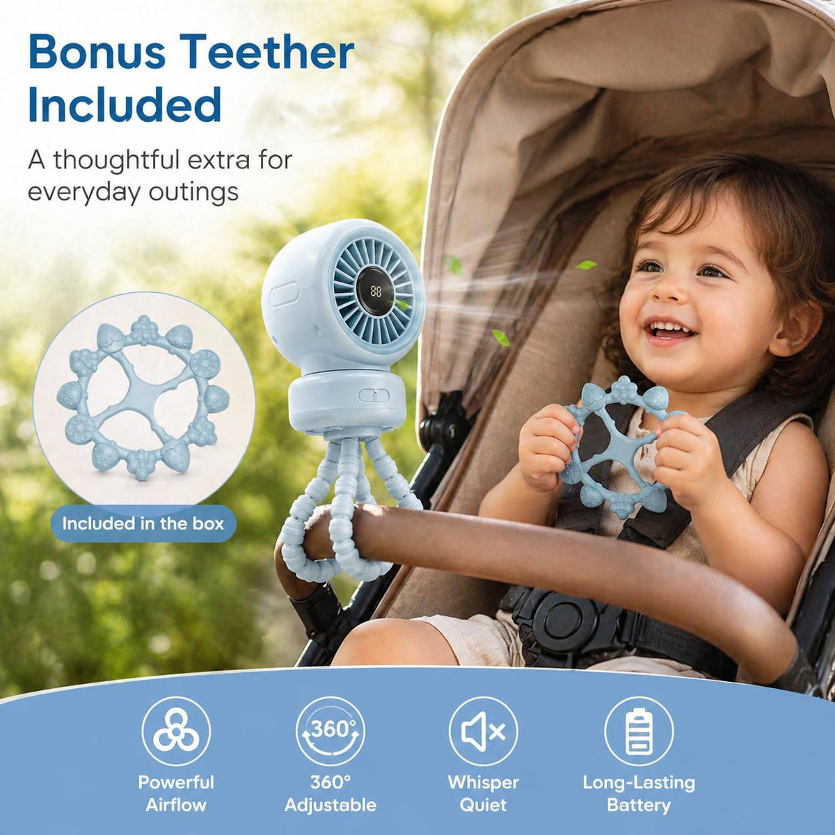 Portable Stroller Fan for Baby, 90° Oscillating Quiet Rechargeable Fan