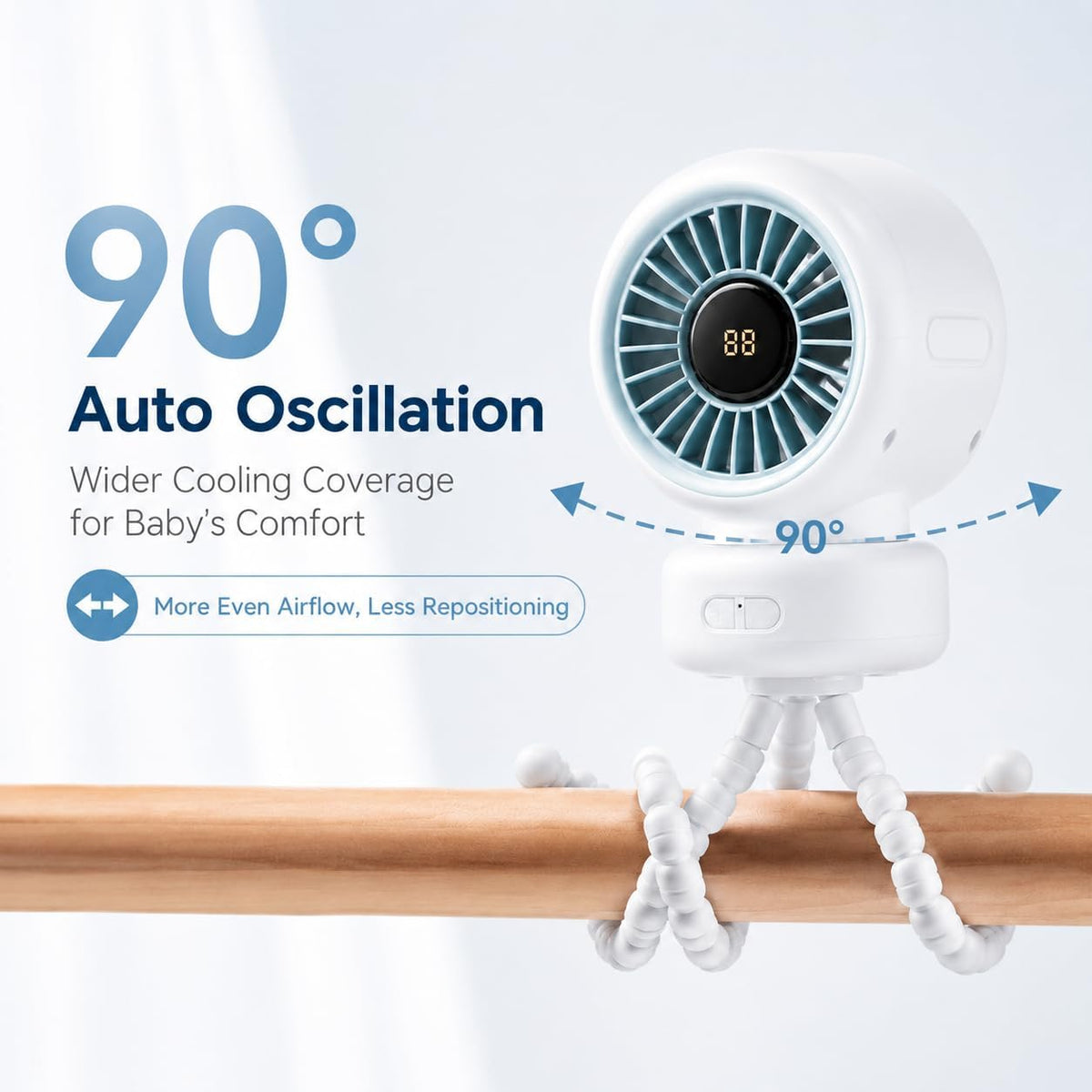 Portable Stroller Fan for Baby, 90° Oscillating Quiet Rechargeable Fan