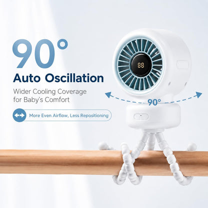 Portable Stroller Fan for Baby, 90° Oscillating Quiet Rechargeable Fan