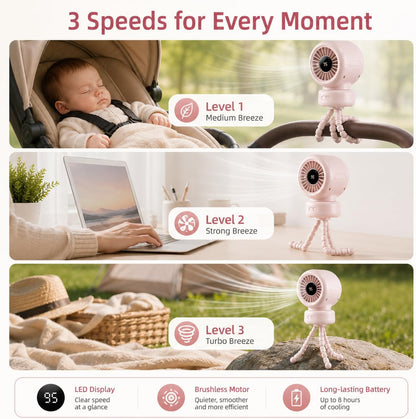 Portable Stroller Fan for Baby, 90° Oscillating Quiet Rechargeable Fan
