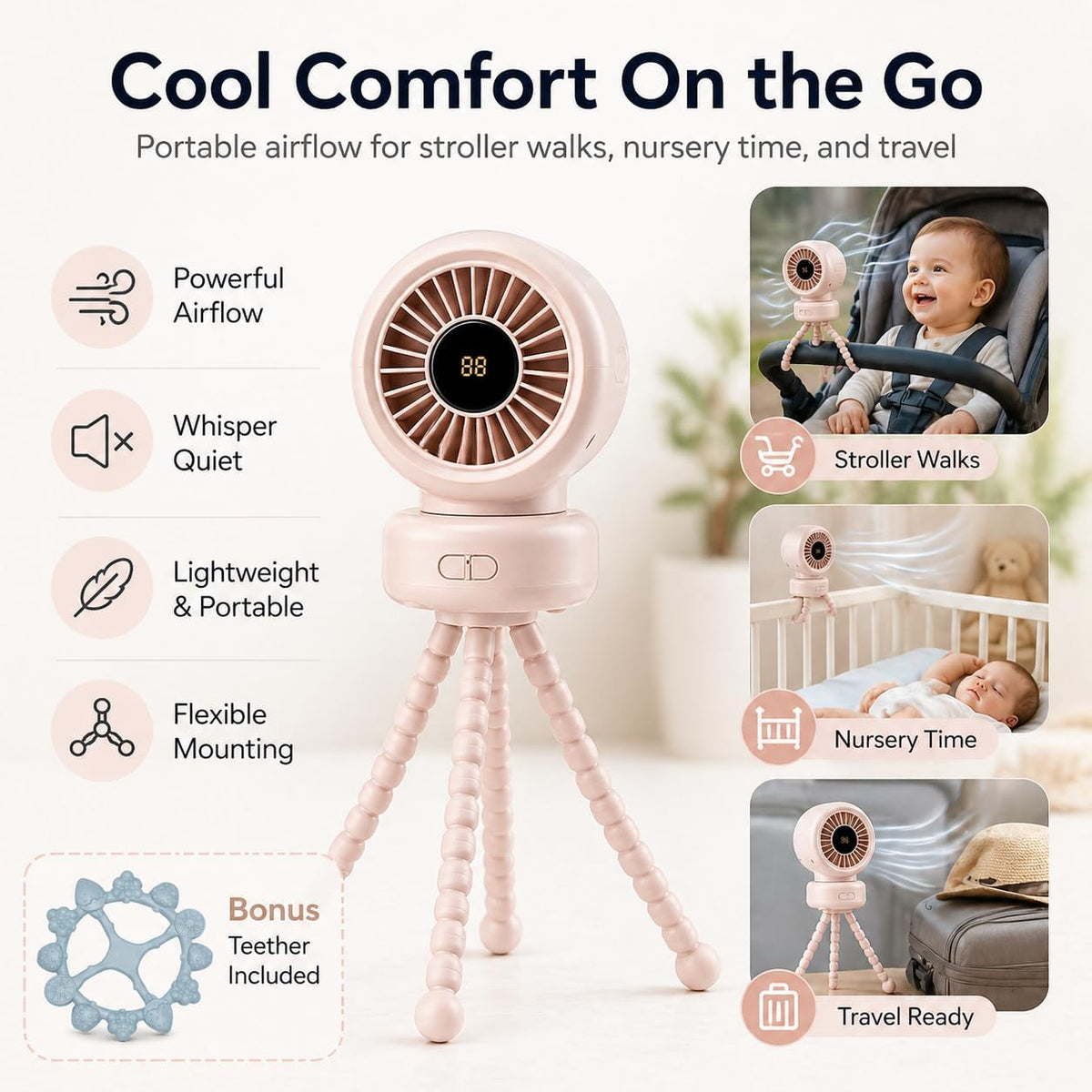 Portable Stroller Fan for Baby, 90° Oscillating Quiet Rechargeable Fan