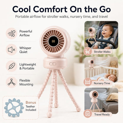 Portable Stroller Fan for Baby, 90° Oscillating Quiet Rechargeable Fan