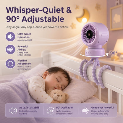 Portable Stroller Fan for Baby, 90° Oscillating Quiet Rechargeable Fan