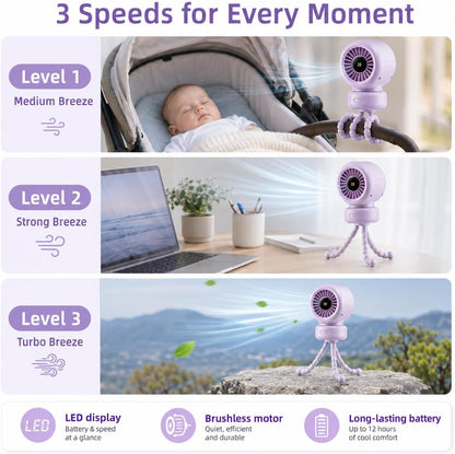 Portable Stroller Fan for Baby, 90° Oscillating Quiet Rechargeable Fan