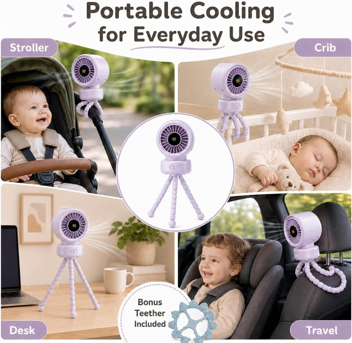 Portable Stroller Fan for Baby, 90° Oscillating Quiet Rechargeable Fan
