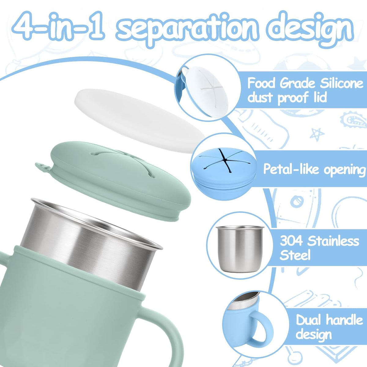 2-Pack Stainless Steel Snack Containers, 4-in-1 Spill proof Snack Cups With Silicone Lid and Handle, Dishwasher Safe Travel Snack Containers for Kids and Infants (Purple + Gray)
