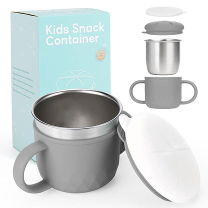 2-Pack Stainless Steel Snack Containers, 4-in-1 Spill proof Snack Cups With Silicone Lid and Handle, Dishwasher Safe Travel Snack Containers for Kids and Infants (Purple + Gray)