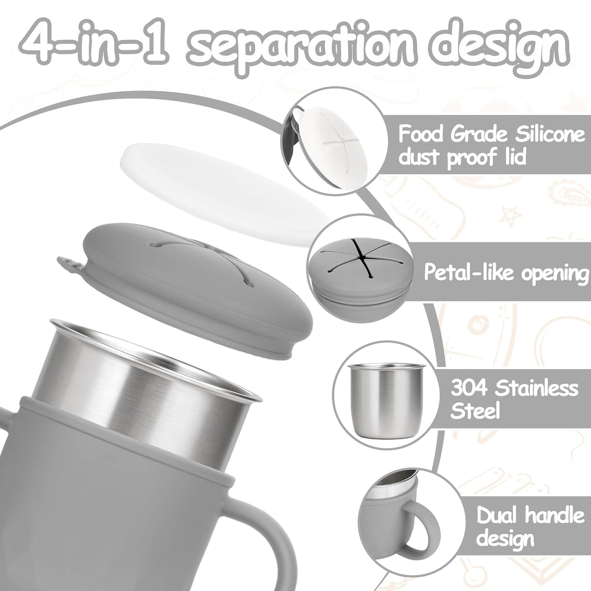 2-Pack Stainless Steel Snack Containers, 4-in-1 Spill proof Snack Cups With Silicone Lid and Handle, Dishwasher Safe Travel Snack Containers for Kids and Infants (Purple + Gray)