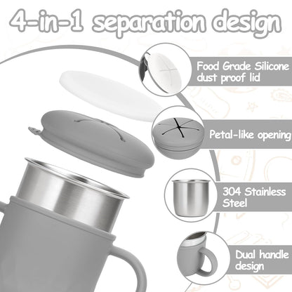 2-Pack Stainless Steel Snack Containers, 4-in-1 Spill proof Snack Cups With Silicone Lid and Handle, Dishwasher Safe Travel Snack Containers for Kids and Infants (Purple + Gray)