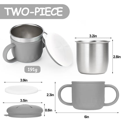 2-Pack Stainless Steel Snack Containers, 4-in-1 Spill proof Snack Cups With Silicone Lid and Handle, Dishwasher Safe Travel Snack Containers for Kids and Infants (Purple + Gray)