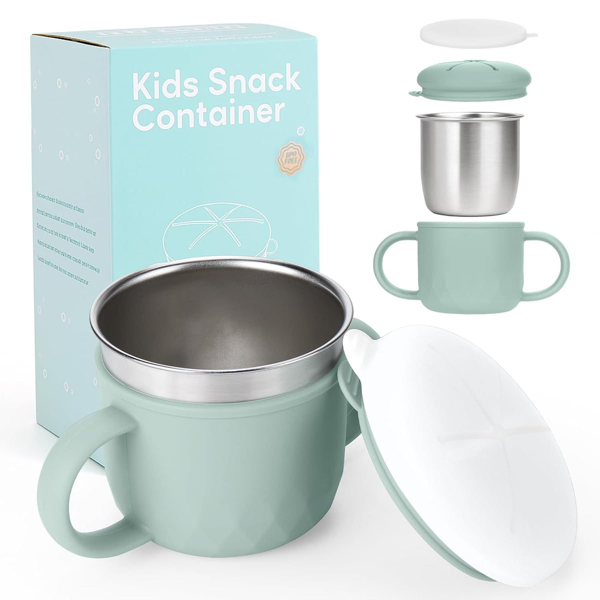 2-Pack Stainless Steel Snack Containers, 4-in-1 Spill proof Snack Cups With Silicone Lid and Handle, Dishwasher Safe Travel Snack Containers for Kids and Infants (Purple + Gray)