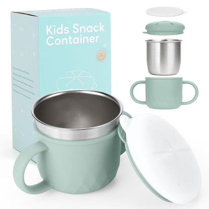 2-Pack Stainless Steel Snack Containers, 4-in-1 Spill proof Snack Cups With Silicone Lid and Handle, Dishwasher Safe Travel Snack Containers for Kids and Infants (Purple + Gray)