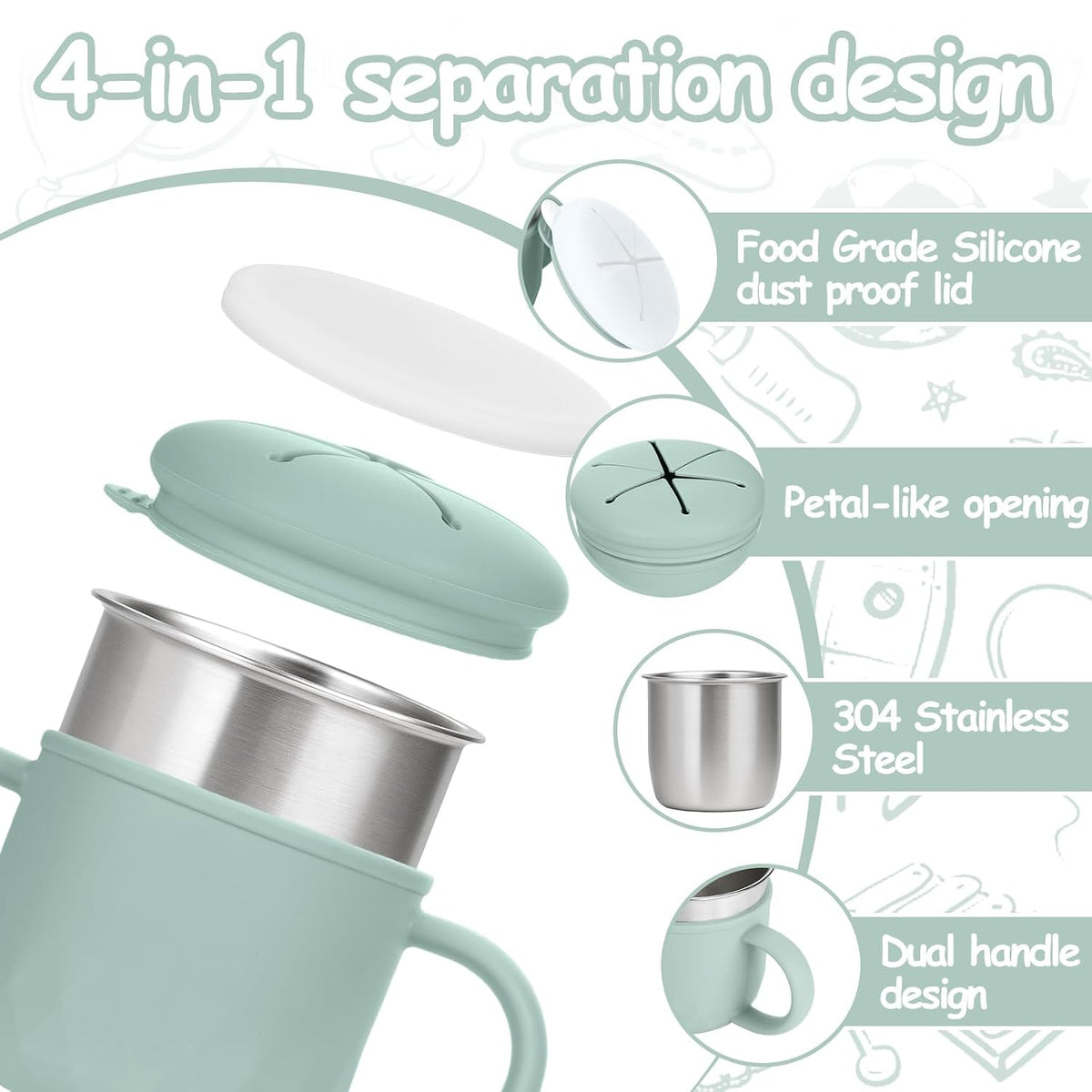2-Pack Stainless Steel Snack Containers, 4-in-1 Spill proof Snack Cups With Silicone Lid and Handle, Dishwasher Safe Travel Snack Containers for Kids and Infants (Purple + Gray)