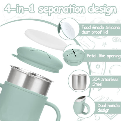 2-Pack Stainless Steel Snack Containers, 4-in-1 Spill proof Snack Cups With Silicone Lid and Handle, Dishwasher Safe Travel Snack Containers for Kids and Infants (Purple + Gray)