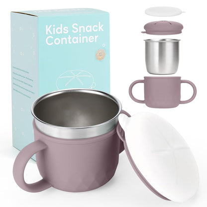 2-Pack Stainless Steel Snack Containers, 4-in-1 Spill proof Snack Cups With Silicone Lid and Handle, Dishwasher Safe Travel Snack Containers for Kids and Infants (Purple + Gray)