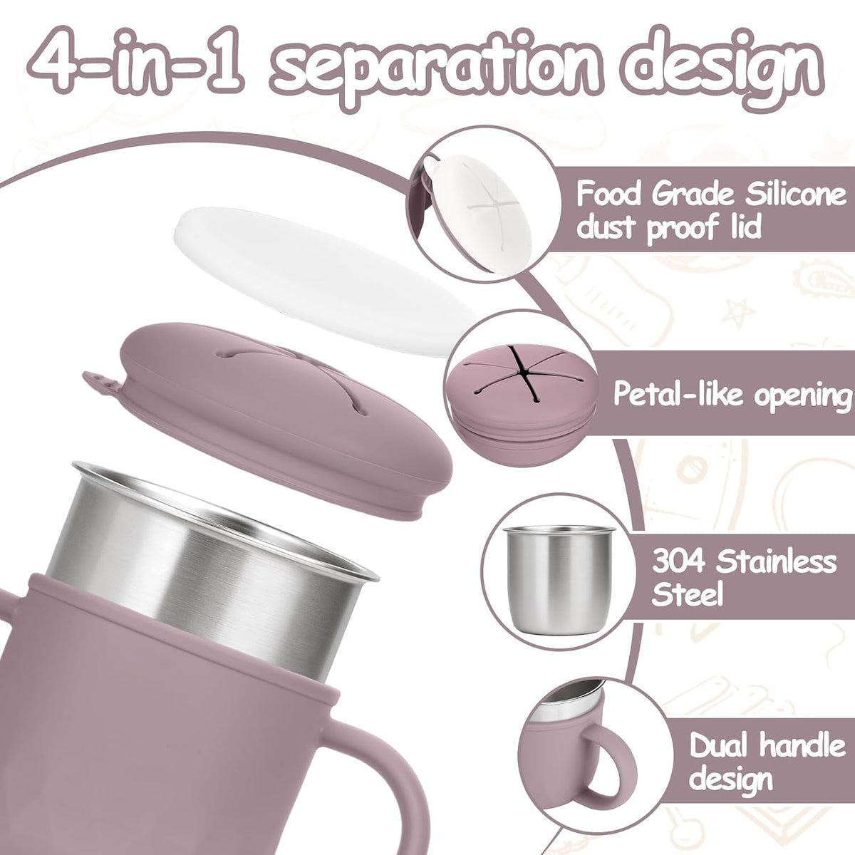 2-Pack Stainless Steel Snack Containers, 4-in-1 Spill proof Snack Cups With Silicone Lid and Handle, Dishwasher Safe Travel Snack Containers for Kids and Infants (Purple + Gray)