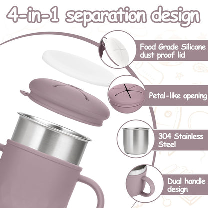 2-Pack Stainless Steel Snack Containers, 4-in-1 Spill proof Snack Cups With Silicone Lid and Handle, Dishwasher Safe Travel Snack Containers for Kids and Infants (Purple + Gray)