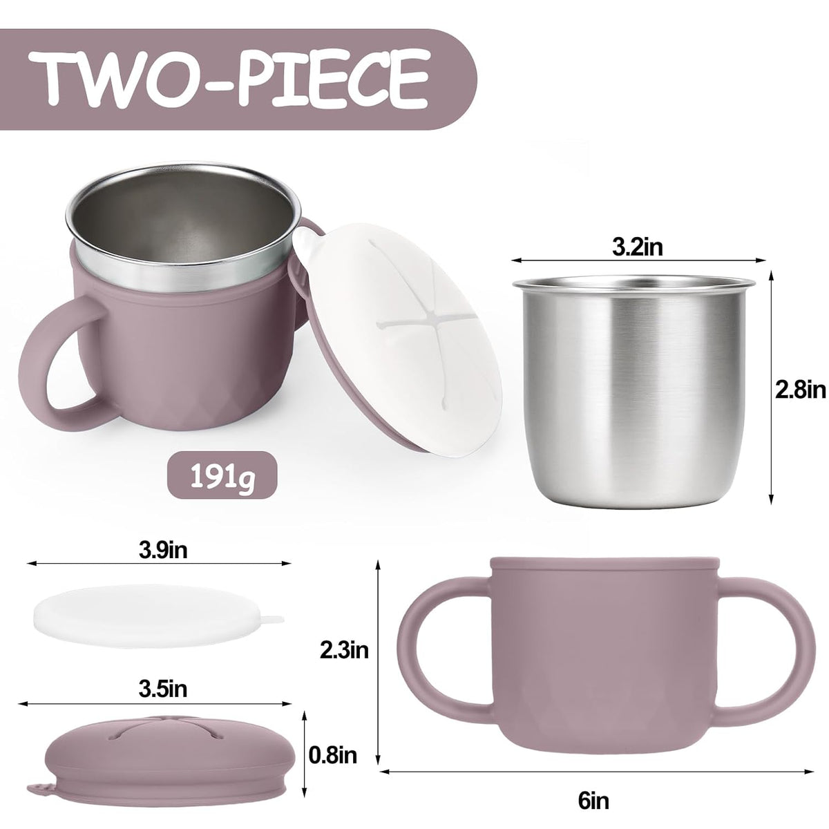 2-Pack Stainless Steel Snack Containers, 4-in-1 Spill proof Snack Cups With Silicone Lid and Handle, Dishwasher Safe Travel Snack Containers for Kids and Infants (Purple + Gray)