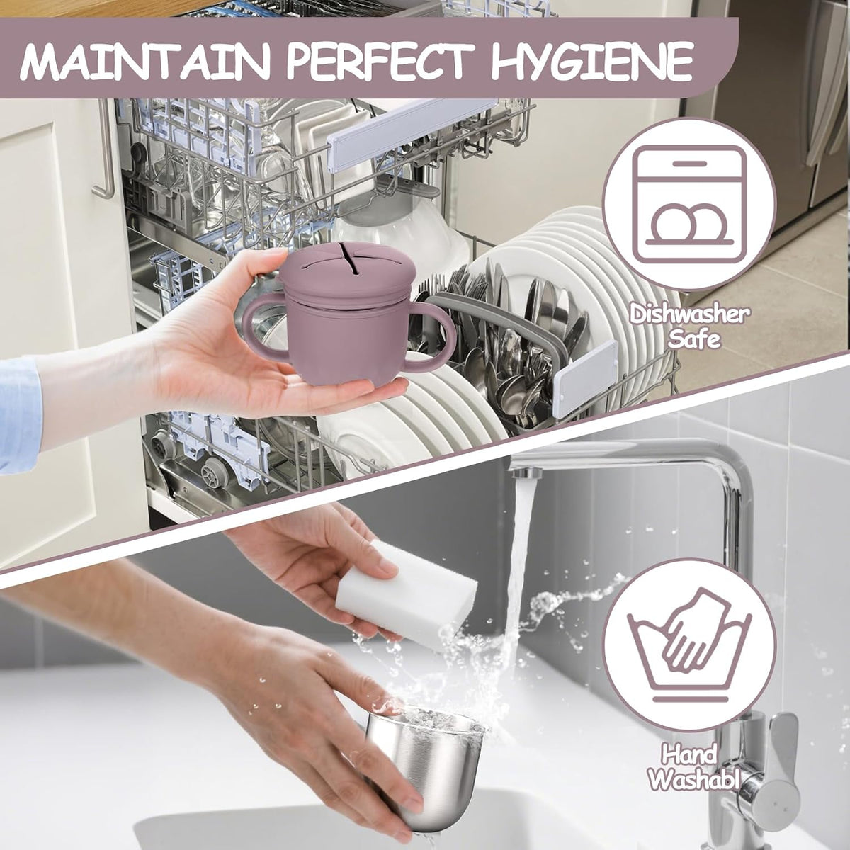 2-Pack Stainless Steel Snack Containers, 4-in-1 Spill proof Snack Cups With Silicone Lid and Handle, Dishwasher Safe Travel Snack Containers for Kids and Infants (Purple + Gray)