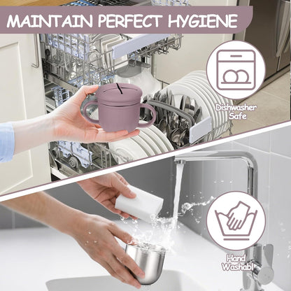 2-Pack Stainless Steel Snack Containers, 4-in-1 Spill proof Snack Cups With Silicone Lid and Handle, Dishwasher Safe Travel Snack Containers for Kids and Infants (Purple + Gray)
