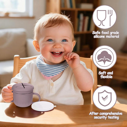 2-Pack Stainless Steel Snack Containers, 4-in-1 Spill proof Snack Cups With Silicone Lid and Handle, Dishwasher Safe Travel Snack Containers for Kids and Infants (Purple + Gray)